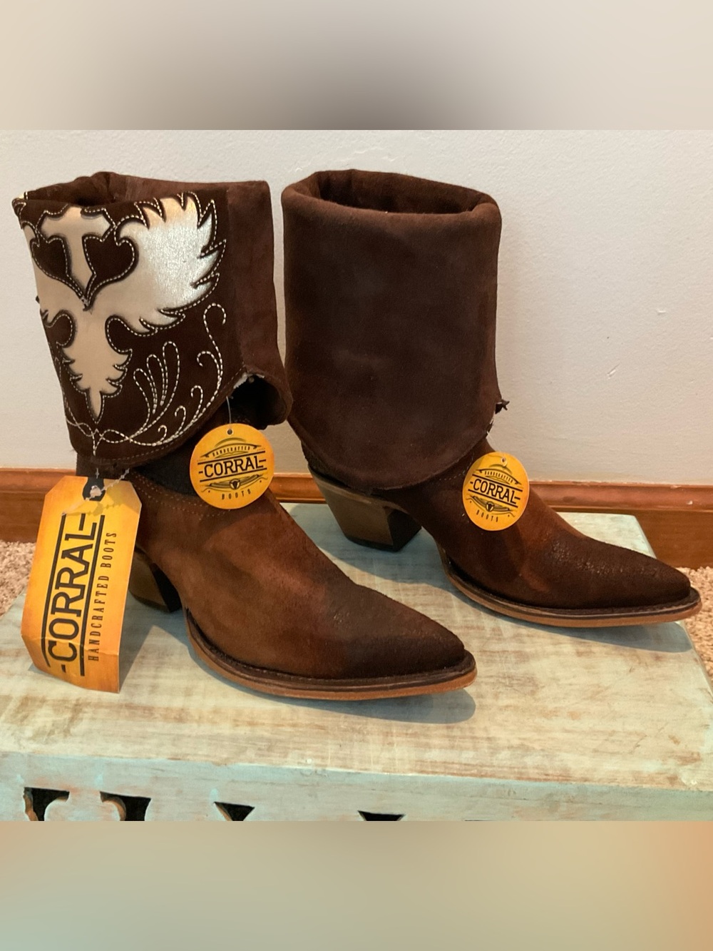 NWT Corral Brown Cuffed Suede Western Boots with White Embroidery Accent